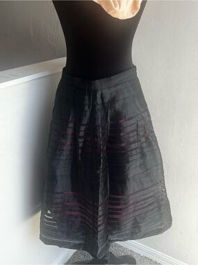 Black A-Line Midi Skirt with Plum Stripe Accents